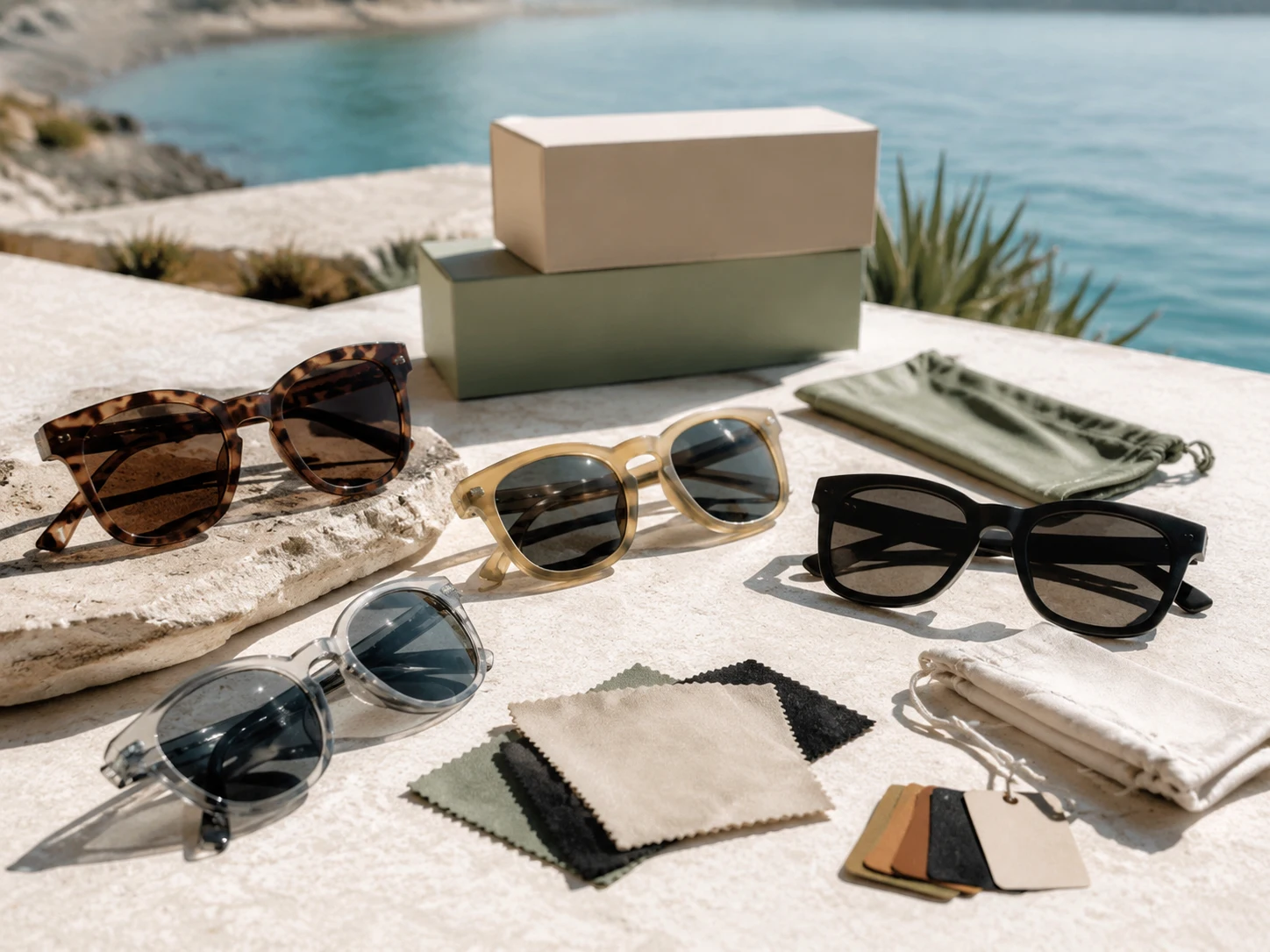 Lunettes de soleil de marque privée avec emballage personnalisé et éléments de marque estivales sur une table ensoleillée