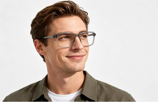 Smiling man wearing clear-frame glasses